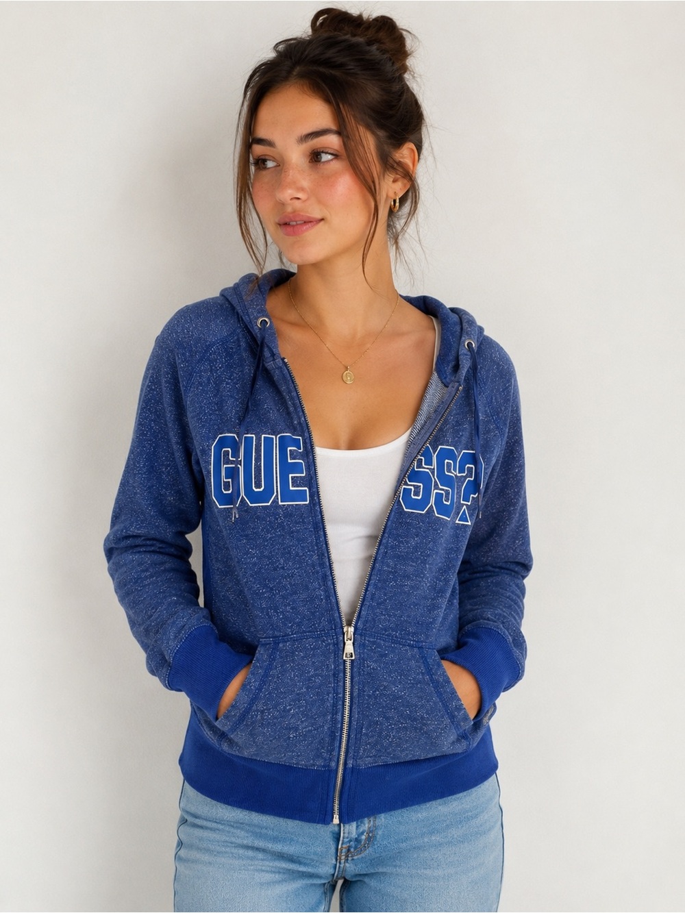 GUESS 1981 Royal Blue Full Zip Hoodie Women’s Small Soft CasualLogo Sweatshirt S